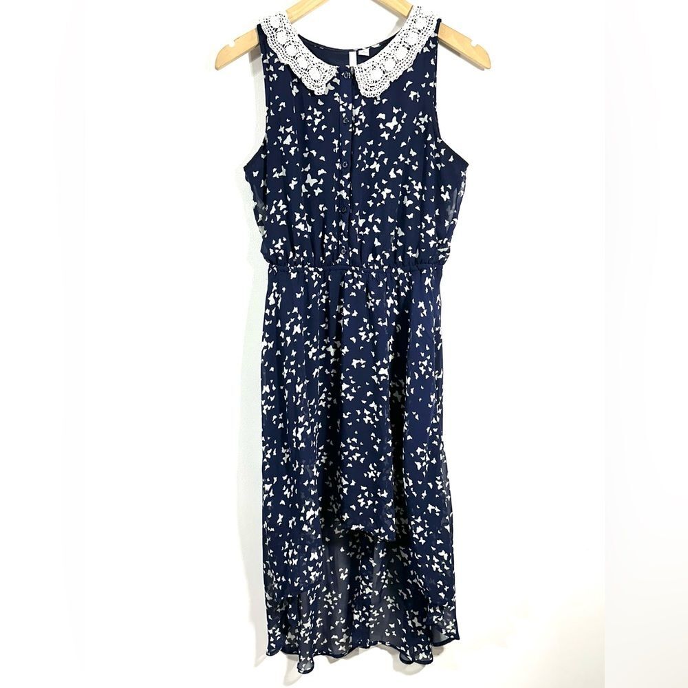 LC Lauren Conrad Butterfly Print Hi Low Dress with Crochet Collar
